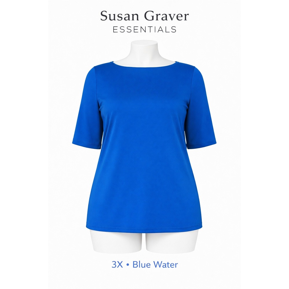 Susan Graver Essentials Blue Water Bateau Neck Elbow Sleeve Top Plus Size 3X NEW